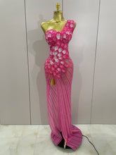 Luxury Shinning Rhinestones Flowers Sexy One Shoulder Bodycon Maxi Long Dress 2025 Women Evening Birthday Party Stage Costume